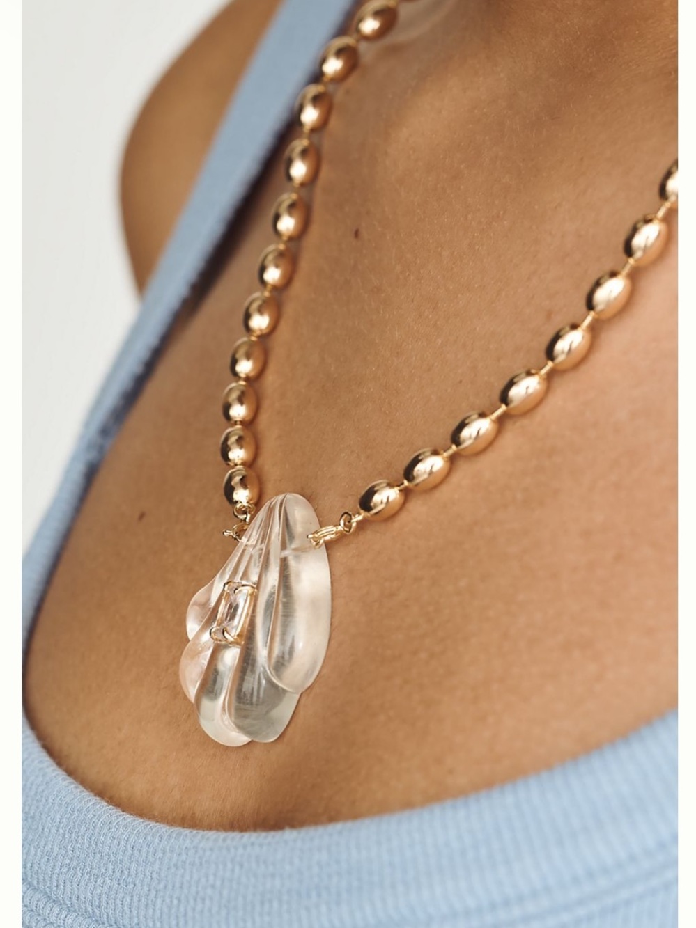 Anthropologie Gold Bead Necklace Clear Shell Pendant Necklace 16” Adjustable NWT